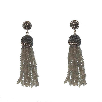 Gray gemstone tassel earrings with dark gray crystal accents.
