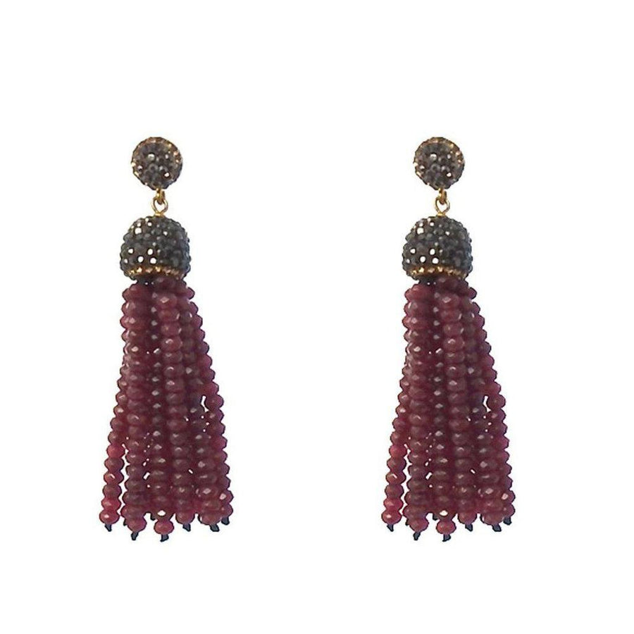 Hematite & Garnet Crystal Tassel Earrings: Deep red garnet bead tassels accented with dark grey hematite.
