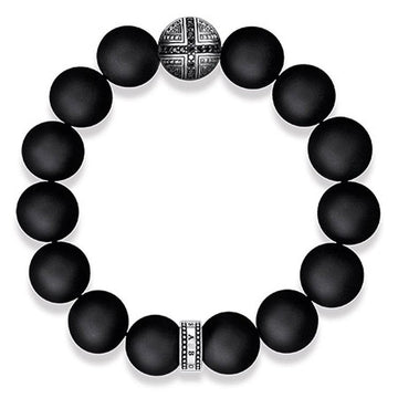 Black obsidian beaded bracelet with silver cross charm and accents.
