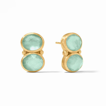 Pale green gemstone earrings; gold settings.
