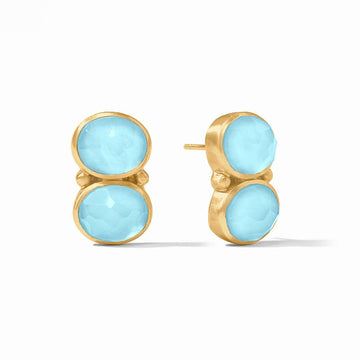 Honey Duo earrings: Light blue chalcedony gemstone double stud earrings with 18k gold plating.
