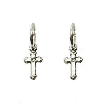 Silver cross charm hoop earrings; delicate design.
