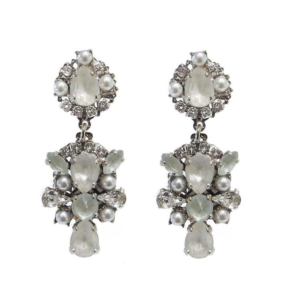 Elegant silver I Do dangle earrings with moonstone and aquamarine accents.
