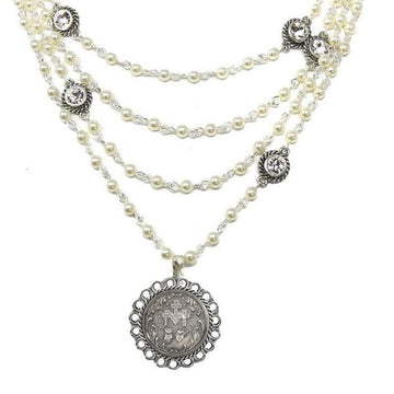 Immaculate Magdalena pearl necklace with silver accents & antique coin pendant.
