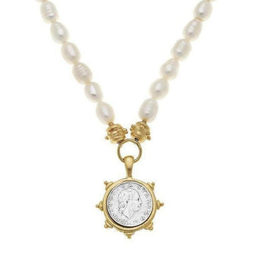 Italian Coin Pearl Necklace:  Gold & silver coin pendant on a delicate white pearl strand.
