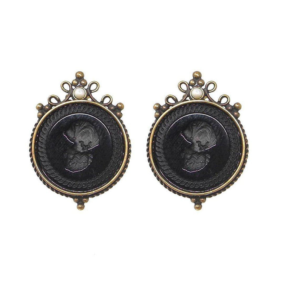 Jet Round Intaglio clip Earrings-Extasia-Swag Designer Jewelry