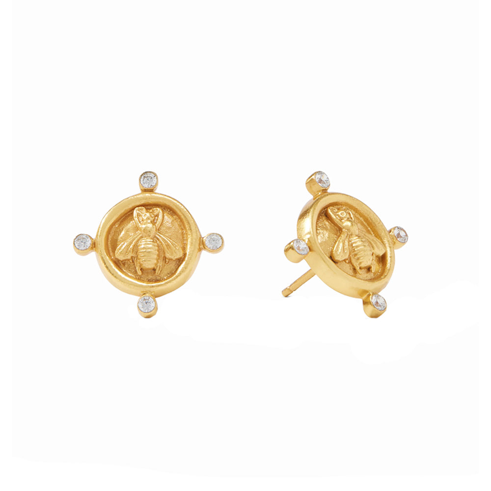 24K gold-plated bee cameo stud earrings featuring four sparkling CZ stones in a circular design.