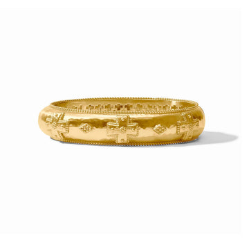 24K gold plated Canterbury hinge bangle featuring a hammered texture and raised cross motifs on a white background.