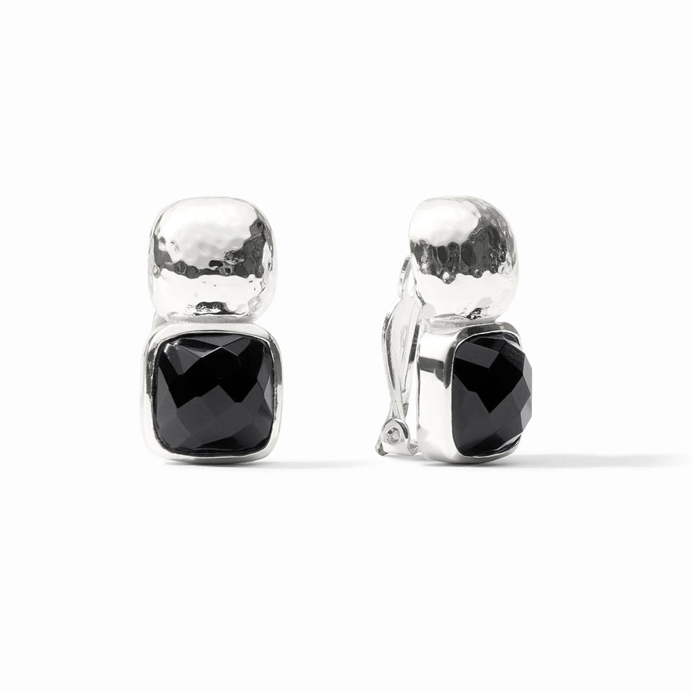 Catalina silver clip earrings featuring a hammered metal top and a faceted black semi-precious stone, 1 inch length.