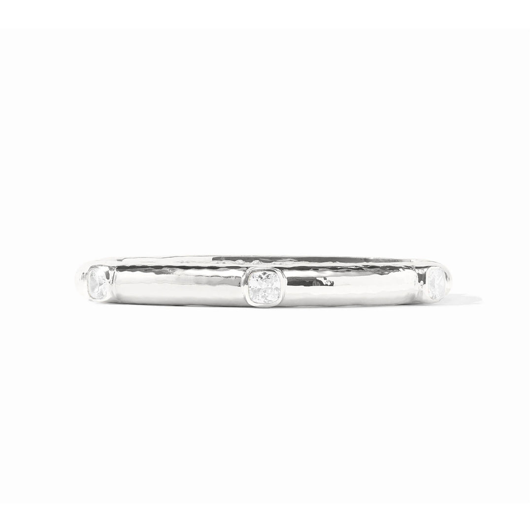 Silver hinged Catalina bangle with a hammered texture and clear cubic zirconia accents on a white background.