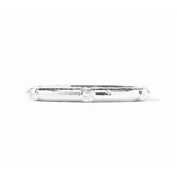 Silver hinged Catalina bangle with a hammered texture and clear cubic zirconia accents on a white background.