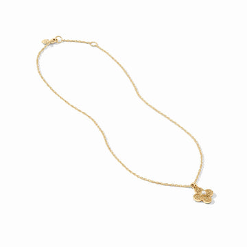 Corinth delicate 24K gold-plated chain necklace featuring an ornate floral pendant with a central pearl accent.