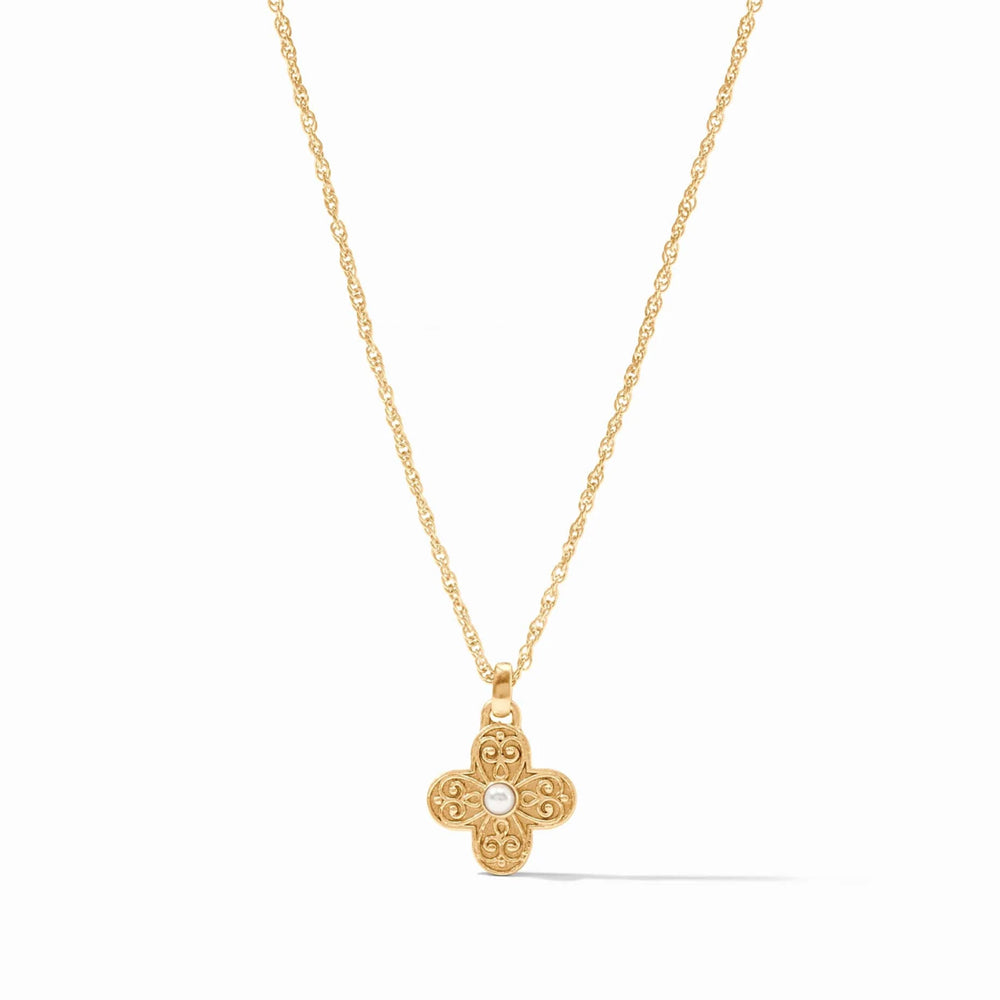 Corinth delicate 24K gold-plated necklace featuring an ornate floral pendant with a central pearl accent.