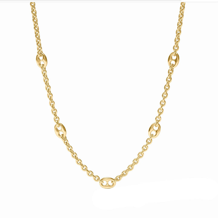 Laguna delicate 24K gold-plated chain necklace with decorative stations, adjustable 16.5 to 17.5 inches.