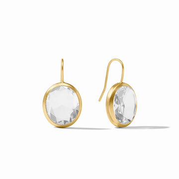 Laguna stone earrings featuring clear faceted glass in 24K gold-plated settings with French wire hooks.