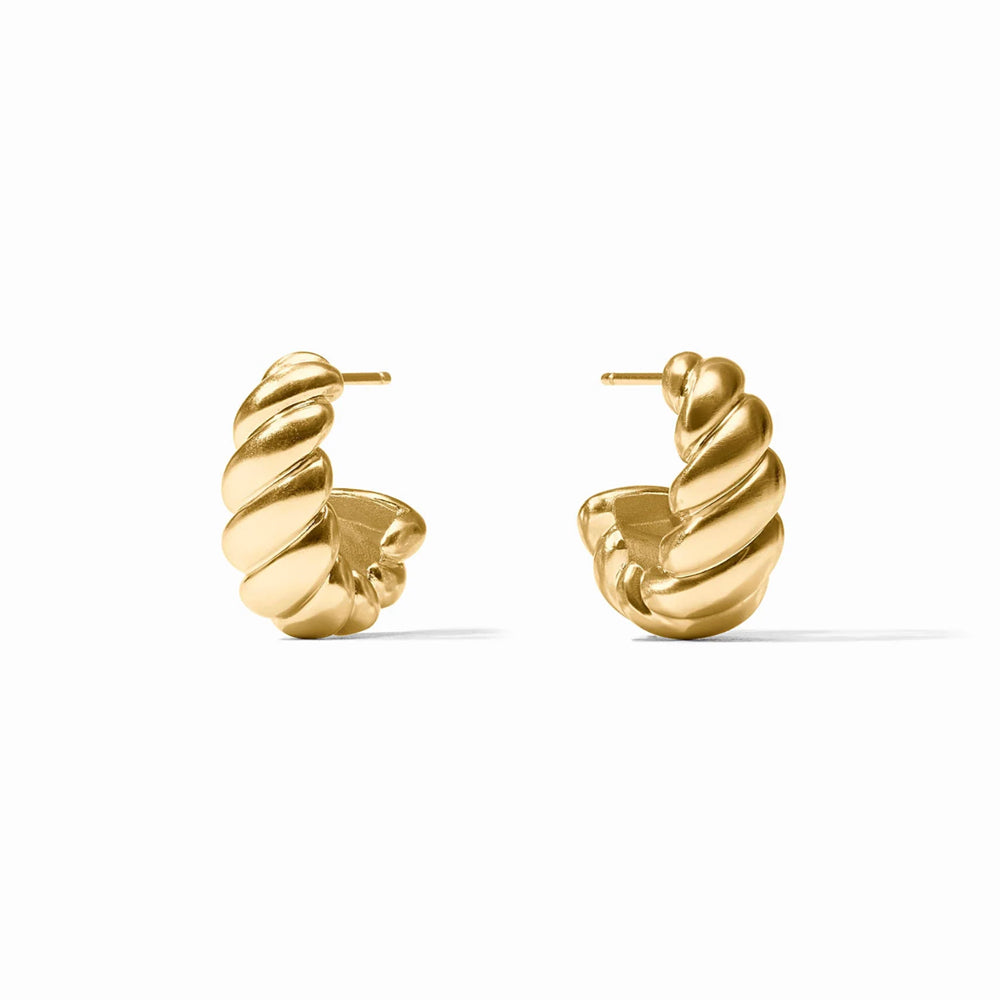 Julie Vos Ravello small brushed ribbed hoop earrings in 24K gold plate with post backs for pierced ears.
