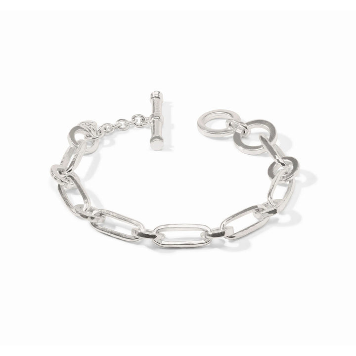 Silver-plated Sahara demi link bracelet with a toggle clasp and adjustable chain on a white background.