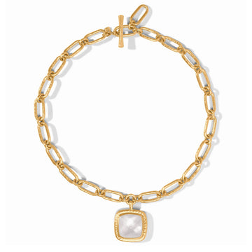 24K gold-plated chain link necklace with a square gemstone pendant and toggle closure, 19 inches long.