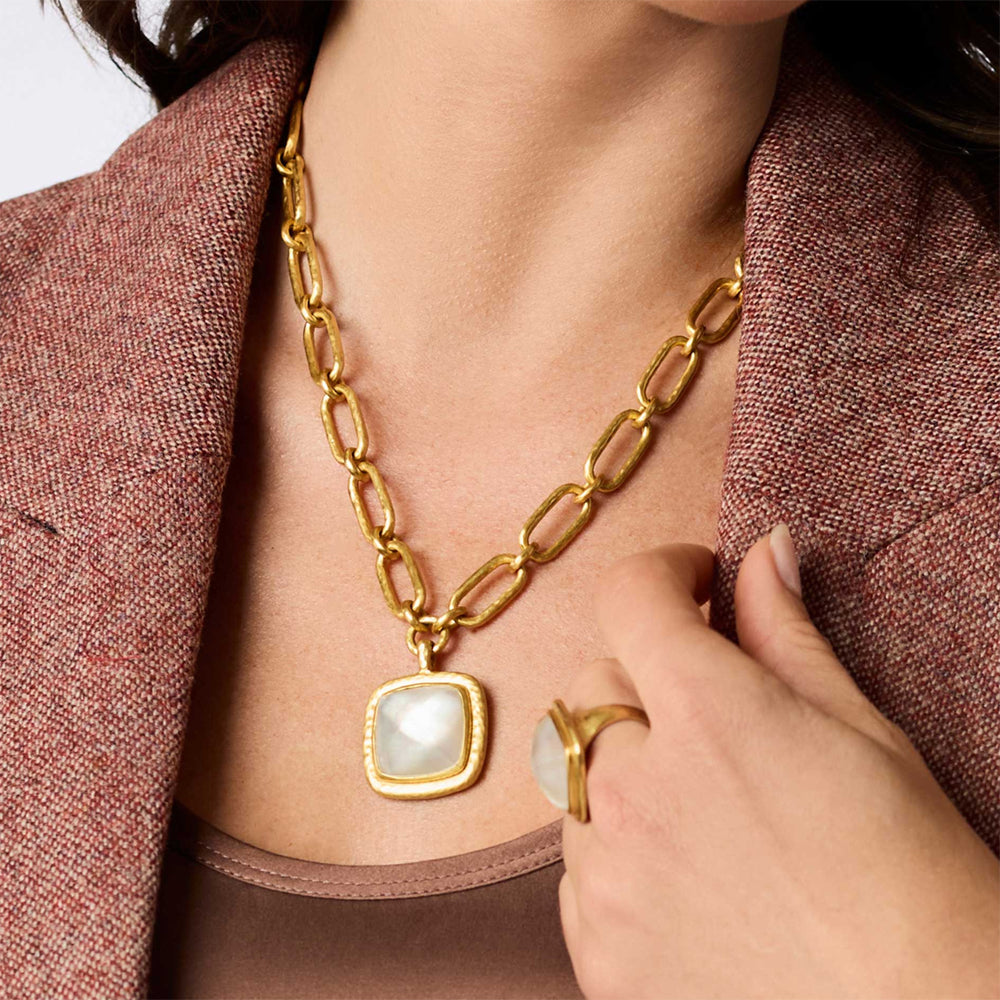 24K gold-plated chain necklace featuring a square gemstone pendant with a toggle closure, worn at a 19-inch length.