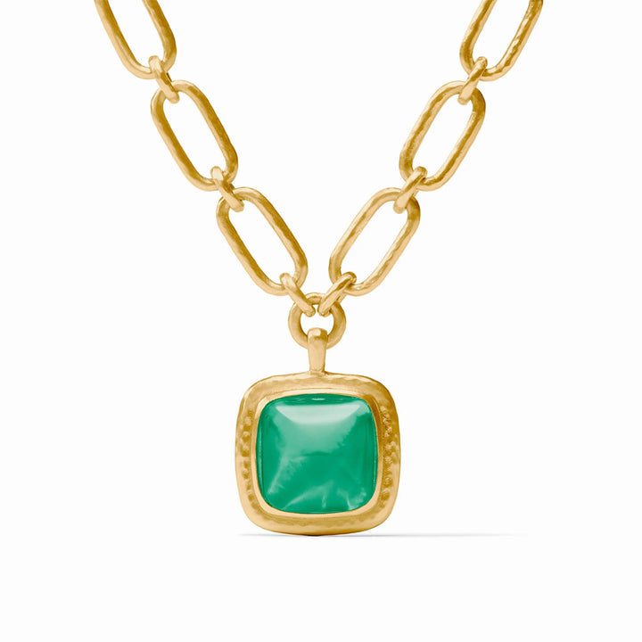 24K gold-plated chain necklace featuring a square green gemstone pendant on a textured link chain with a toggle closure.