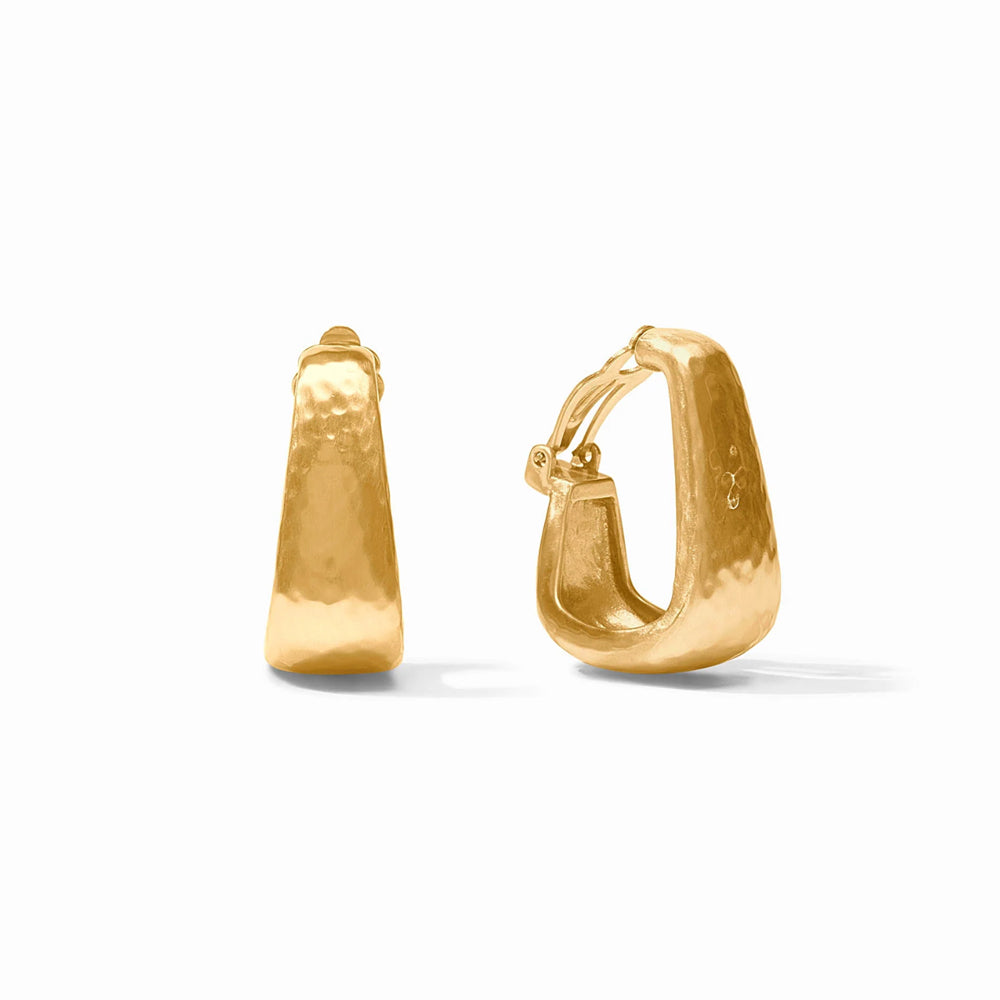 Gold-plated Saraha hoop clip earrings with a textured, hammered finish and secure clip-on closure, approximately 1.3 inches.