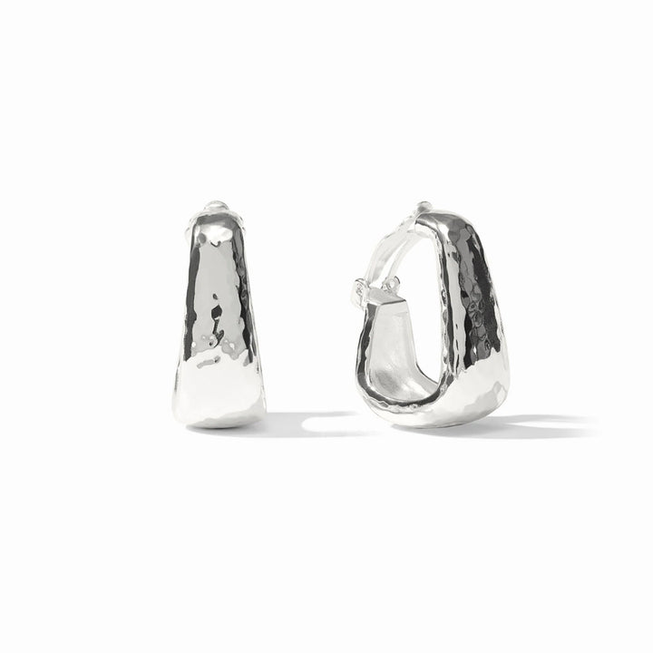 Silver-plated Saraha hoop clip earrings with a textured, hammered finish and secure clip-on closure, 1.3 inches in size.