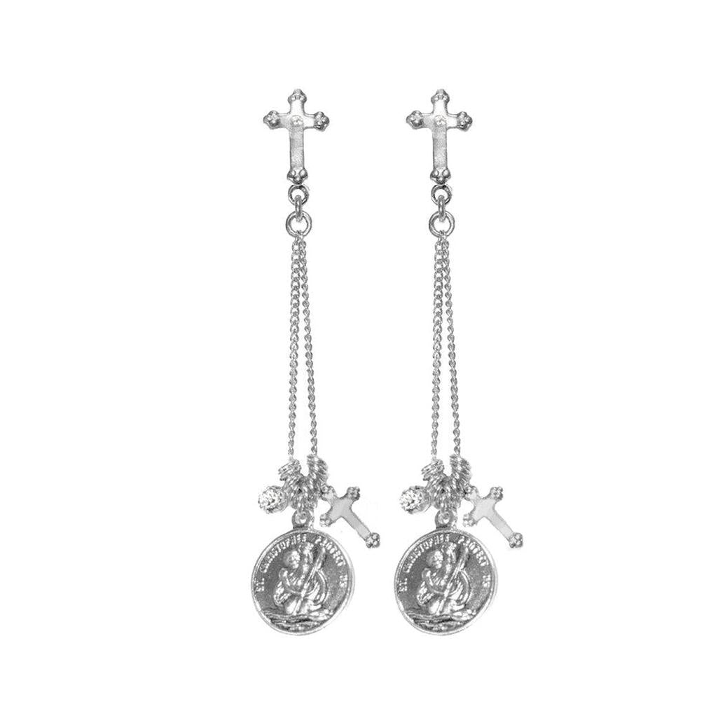 Silver Justice cross earrings with St. Christopher medal charms
