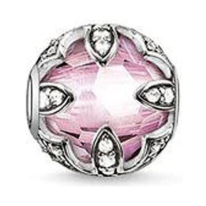 Karma Bead Lotus Pink charm: Silver & pink glass bead with clear cubic zirconia accents.
