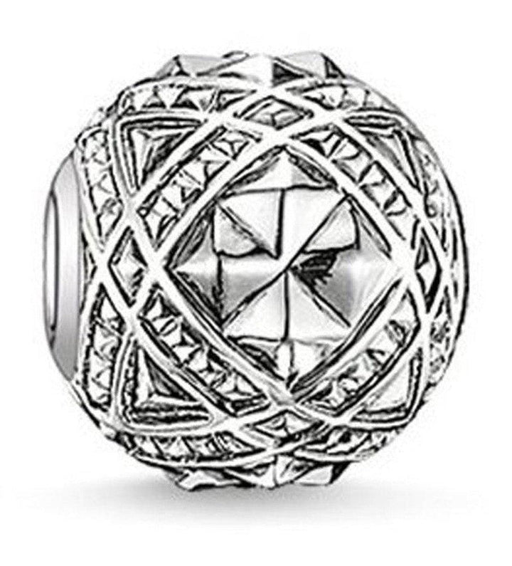 Silver Karma Bead Zig Zag charm with intricate geometric design.
