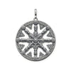 Karma Wheel pendant, silver, intricate detailing, circular design
