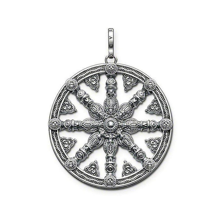 Karma Wheel pendant, silver, intricate detailing, circular design
