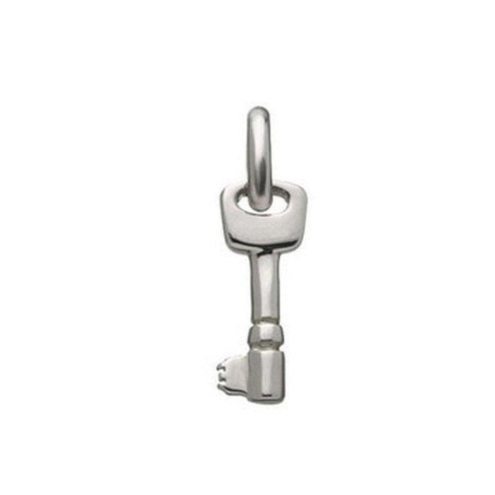 Silver key charm pendant, minimalist design.
