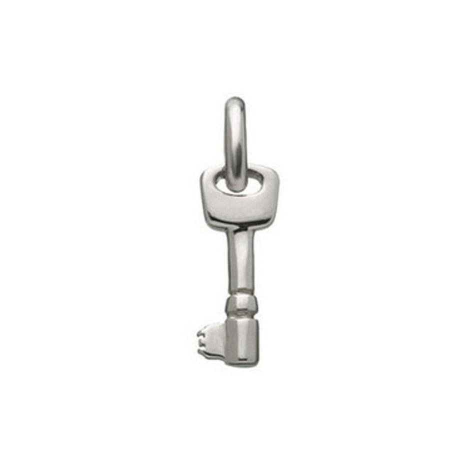 Silver key charm pendant, minimalist design.
