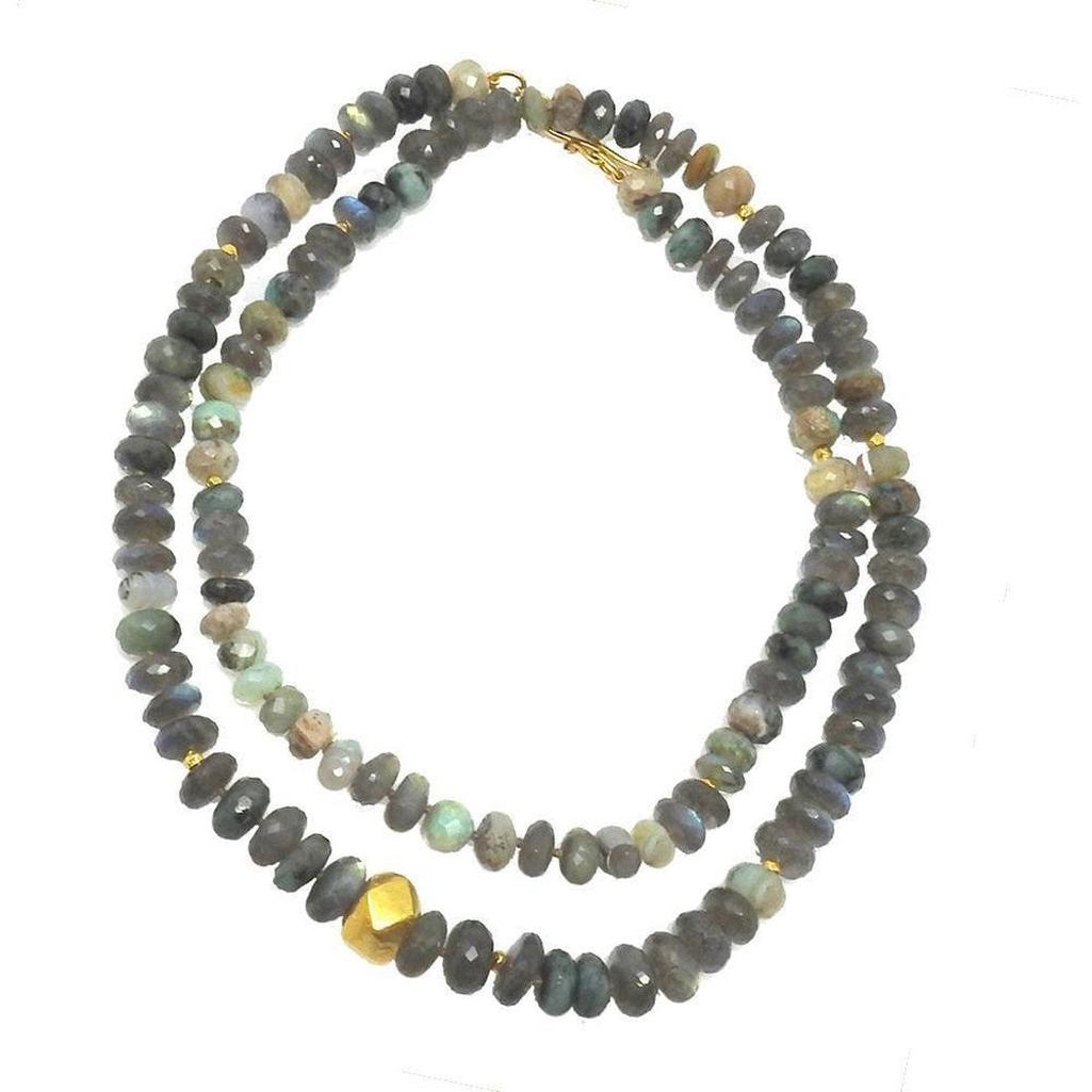 Labradorite, Chrysophase gemstone necklace featuring faceted beads and a gold accent.
