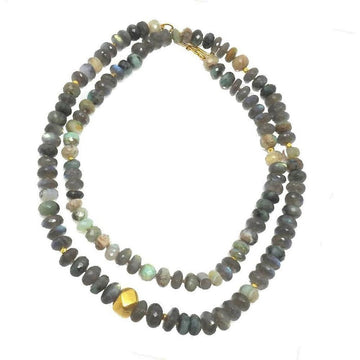 Labradorite, Chrysophase gemstone necklace featuring faceted beads and a gold accent.
