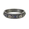 Silver Labradorite hinged bangle bracelet with blue and grey stones.
