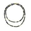 Double-strand necklace featuring labradorite and moss aqua gemstone beads with gold spacers.
