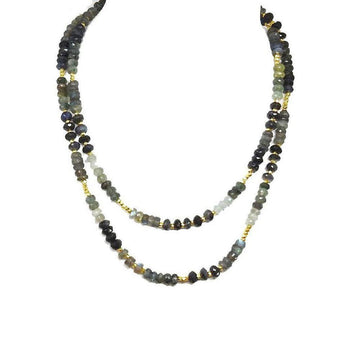 Labradorite with Moss Aqua double strand necklace, featuring faceted gemstone beads & gold spacers.
