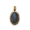 Labradorite necklace enhancer: Oval blue labradorite gemstone framed by shimmering diamonds, gold setting.
