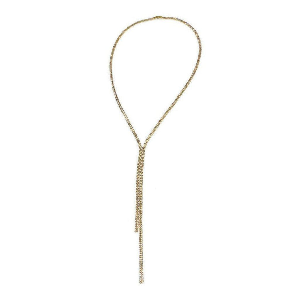 Gold crystal lariat necklace with Y-shaped design.
