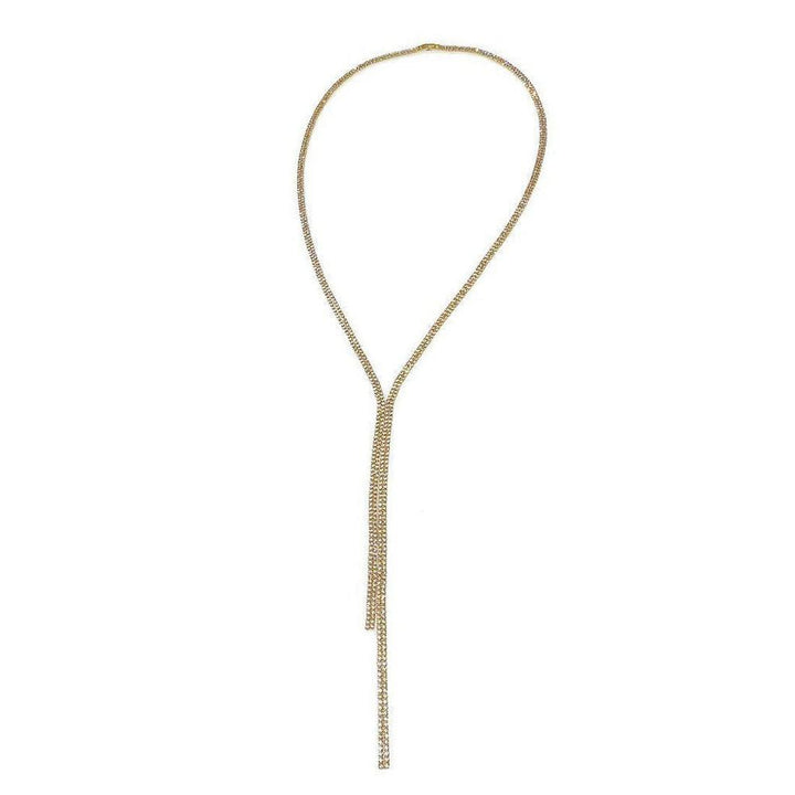 Gold crystal lariat necklace with Y-shaped design.
