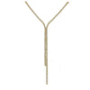Gold lariat necklace with crystal accents, dangling design.
