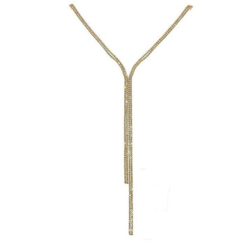 Gold lariat necklace with crystal accents, dangling design.
