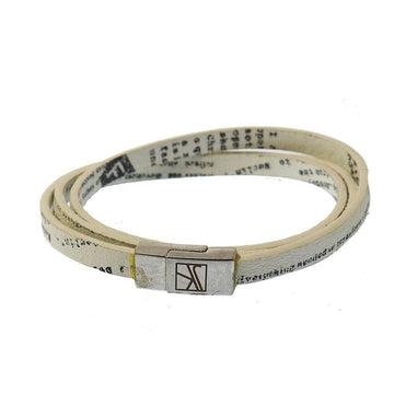 Off-white leather wrap bracelet with text print and silver clasp.
