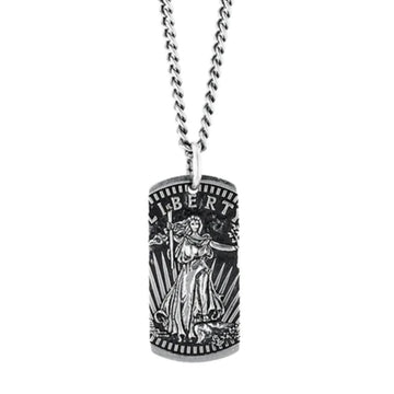 Liberty Dog Tag Pendant: Sterling silver necklace featuring a detailed Liberty coin design.
