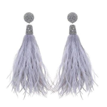Light gray feather earrings with crystal accents for a glamorous look.
