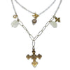 Long Ethnic Czech necklace with gold cross, pearls, and white beads.
