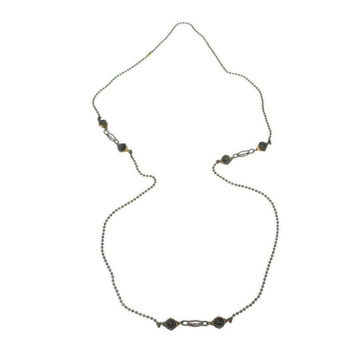 Long green jasper stone necklace with ball chain and gold accents.
