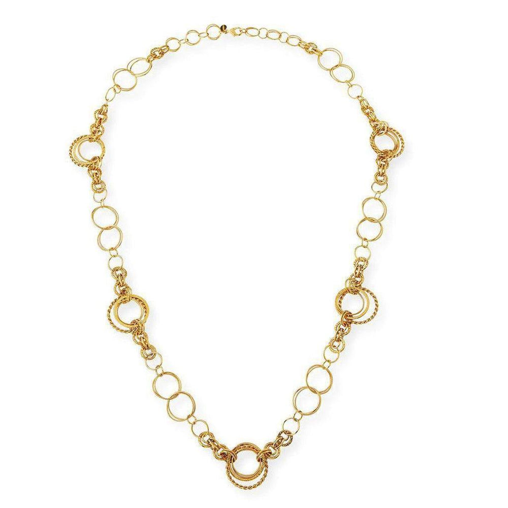 Long gold link necklace with decorative circle accents
