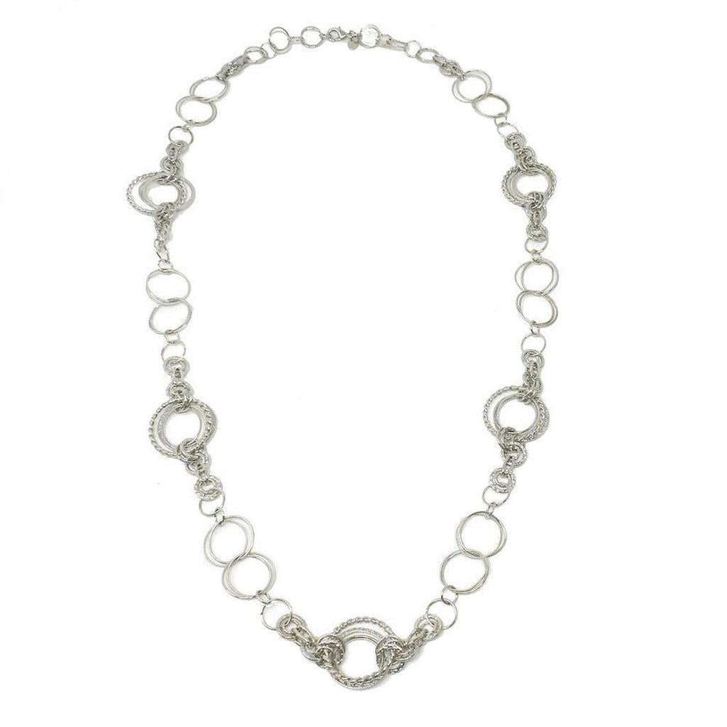 Silver long round link necklace with textured detailing
